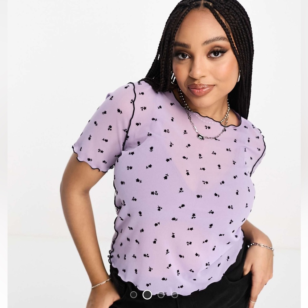 ASOS Lavender Lilac Seamed Mesh Top with Flocked Flowers
